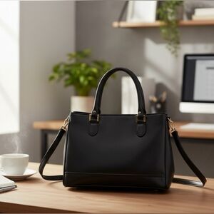 Jennifer Moore Black Structured Satchel with Gold Hardware